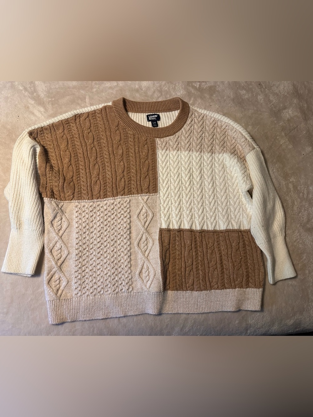 Lands' End Men’s Patchwork Cable Crewneck Sweater - Brown & Cream